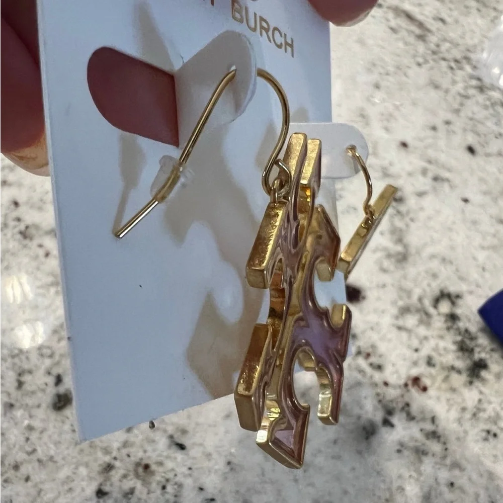 Brand New TB Tory Transparent Gold Drop Logo Earrings Britten Double T